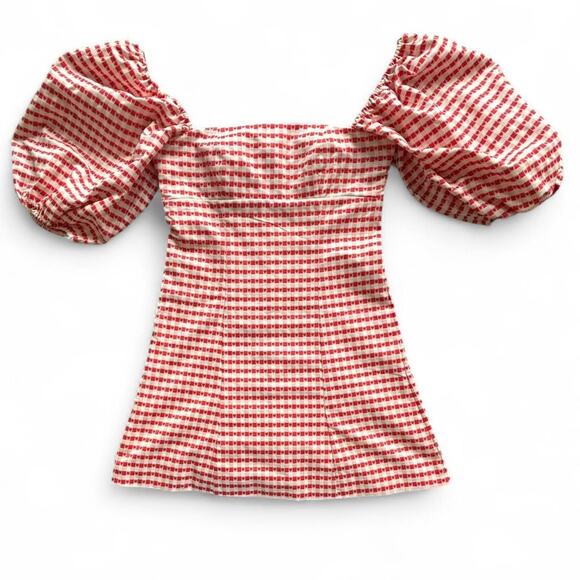 LPA Red Heart Gingham Carly Mini Dress Puff Sleeve Romantic Fit & Flare M - Picture 1 of 8
